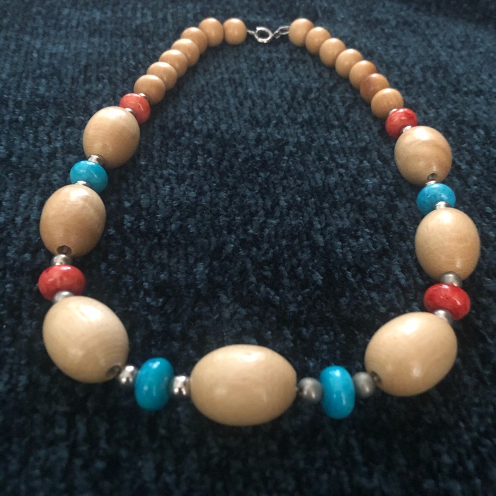 Natural Wood, Turquoise & Red Beaded Necklace